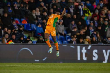 Madrid, Spain- January 28, 2023: Soccer match between Real Betis balonpie and Getafe F.C in Madrid. The Betis player Luiz Enrique jumping on the pitch.
