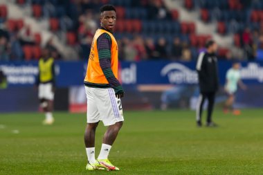 Madrid, Spain- February 18, 2023: League match between Real Madrid and Osasuna in Pamplona. Vinicius Jr. during the pre-game warm-up. Football games. Real Madrid player.