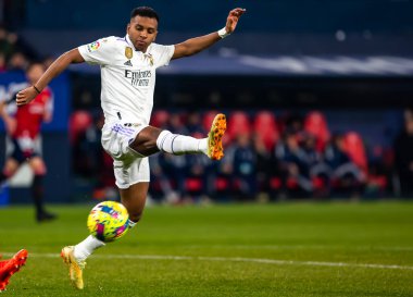 Madrid, Spain- February 18, 2023: League match between Real Madrid and Osasuna in Pamplona. Rodrygo Goes with the ball. Football game. Real Madrid player.