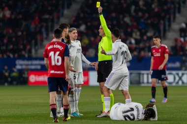 Madrid, Spain- February 18, 2023: League match between Real Madrid and Osasuna in Pamplona. Lack in favor of Real Madrid. with the ball. Football game. Real Madrid player.