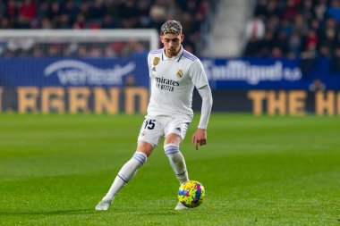 Madrid, Spain- February 18, 2023: League match between Real Madrid and Osasuna in Pamplona. Valverde with the ball. Football game. Real Madrid player.