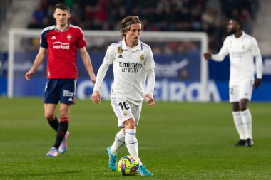 Madrid, Spain- February 18, 2023: League match between Real Madrid and Osasuna in Pamplona. Luka Modric with the ball. Real Madrid player.