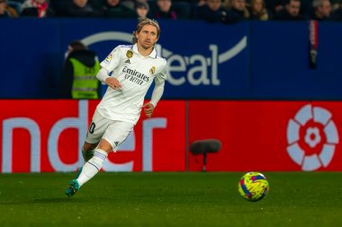 Madrid, Spain- February 18, 2023: League match between Real Madrid and Osasuna in Pamplona. Luka Modric with the ball. Real Madrid player.