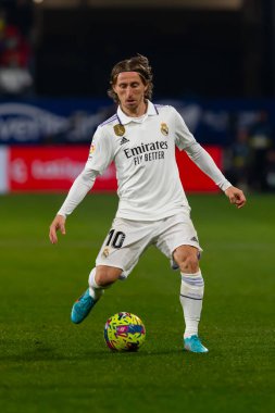 Madrid, Spain- February 18, 2023: League match between Real Madrid and Osasuna in Pamplona. Luka Modric with the ball. Real Madrid player.