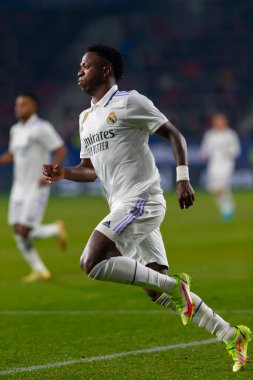 Madrid, Spain- February 18, 2023: League match between Real Madrid and Osasuna in Pamplona. Vinicius Jr. fighting for the ball. Football games. Real Madrid player.