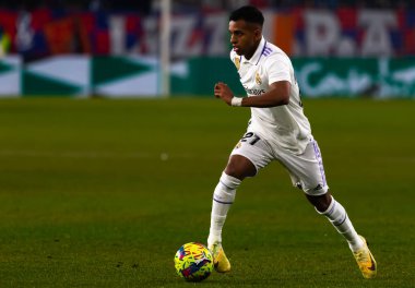 Madrid, Spain- February 18, 2023: League match between Real Madrid and Osasuna in Pamplona. Rodrygo Goes with the ball. Football game. Real Madrid player.