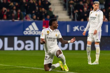 Madrid, Spain- February 18, 2023: League match between Real Madrid and Osasuna in Pamplona. Vinicius Jr. receives a foul. Football games. Real Madrid player.