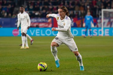 Madrid, Spain- February 18, 2023: League match between Real Madrid and Osasuna in Pamplona. Luka Modric with the ball. Real Madrid player.