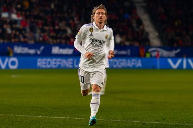 Madrid, Spain- February 18, 2023: League match between Real Madrid and Osasuna in Pamplona. Luka Modric with the ball. Real Madrid player.