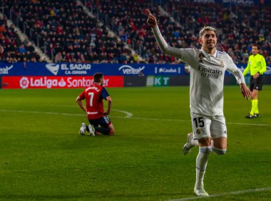 Madrid, Spain- February 18, 2023: League match between Real Madrid and Osasuna in Pamplona. Valverde celebrates a goal. Football game. Real Madrid player.