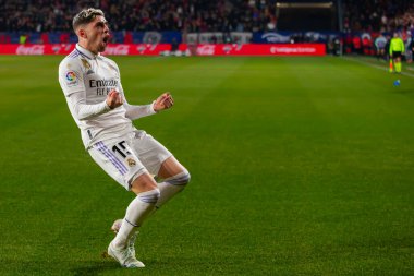 Madrid, Spain- February 18, 2023: League match between Real Madrid and Osasuna in Pamplona. Valverde celebrates a goal. Football game. Real Madrid player.