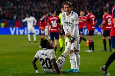 Madrid, Spain- February 18, 2023: League match between Real Madrid and Osasuna in Pamplona. Luka Modric and Vinicius Jr during the match. Football game. Real Madrid player.