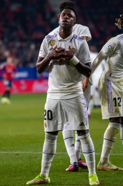 Madrid, Spain- February 18, 2023: League match between Real Madrid and Osasuna in Pamplona. Vinicius Jr. celebrating a goal. Football games. Real Madrid player.