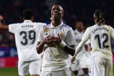 Madrid, Spain- February 18, 2023: League match between Real Madrid and Osasuna in Pamplona. Vinicius Jr. celebrating a goal. Football games. Real Madrid player.