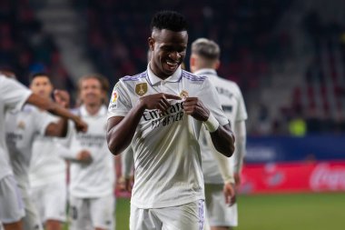 Madrid, Spain- February 18, 2023: League match between Real Madrid and Osasuna in Pamplona. Vinicius Jr. celebrating a goal. Football games. Real Madrid player.