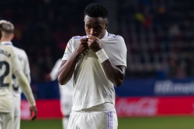 Madrid, Spain- February 18, 2023: League match between Real Madrid and Osasuna in Pamplona. Vinicius Jr. celebrating a goal. Football games. Real Madrid player.