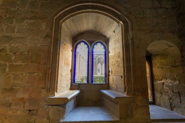 Mudejar and French Gothic style castle. ancient architecture. Castle rooms. Stone constructions. Castle of Navarre in Spain