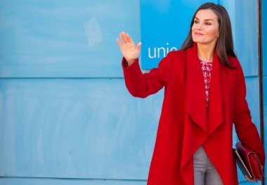 Madrid, Spain- March 3, 2023: Queen Letizia visits the UNICEF offices in Madrid for a meeting with its director. Queen Leticia greets the people waiting for her arrival at UNICEF.