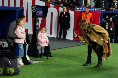 Madrid, Spain- March 4, 2023: Diego Pablo Simeone receives the support of his family on the field before the game. Simeone says goodbye to Atletico. Football coach. Match records.