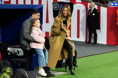 Madrid, Spain- March 4, 2023: Diego Pablo Simeone receives the support of his family on the field before the game. Simeone says goodbye to Atletico. Football coach. Match records.