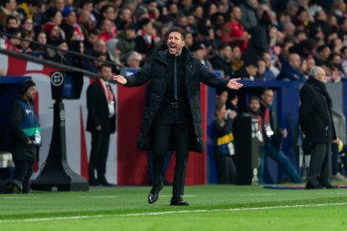 Madrid, Spain- March 4, 2023: Diego Pablo Simeone celebrates his team's goals on the pitch. Football coach.
