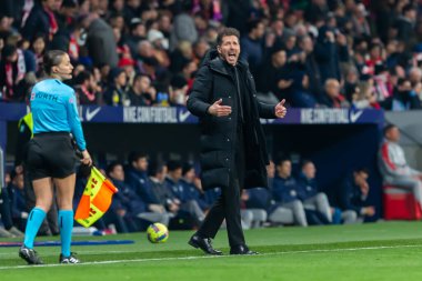 Madrid, Spain- March 4, 2023: Diego Pablo Simeone celebrates his team's goals on the pitch. Football coach.