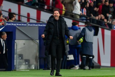 Madrid, Spain- March 4, 2023: Diego Pablo Simeone celebrates his team's goals on the pitch. Football coach. clipart