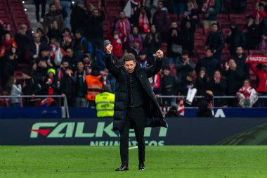 Madrid, Spain- March 4, 2023: Diego Pablo Simeone receives the support of his family on the field before the game. Simeone says goodbye to Atletico. Football coach. Match records.