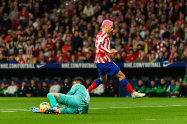 Madrid, İspanya - 2 Nisan 2023: Atletico de Madrid ve Betis F.C. Antoine Griezman topu aldı. Futbolcu. Lig maçı.