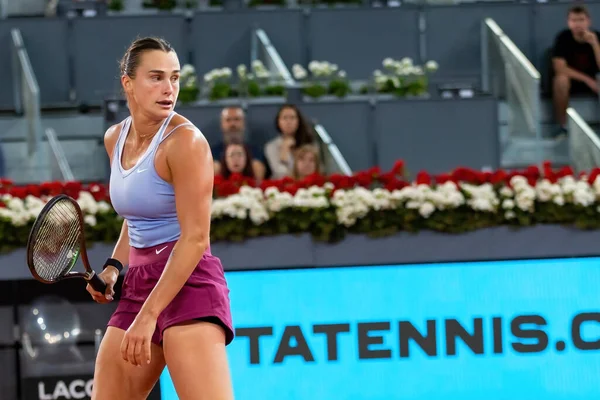 stock image Madrid, Spain- April 29,2023: Tennis match between Camila Osorio and Aryna Sabalenka at the Mutua Madrid Open in Madrid. Victory for Aryna Sabalenka. Women's tennis.