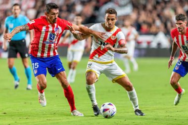 Madrid, İspanya - 28 Ağustos 2023: Madrid 'de oynanan Rayo Vallecano ve Atletico de Madrid ligi maçı. Ligin üçüncü günü. Futbol maçı. İspanyol futbolcular.