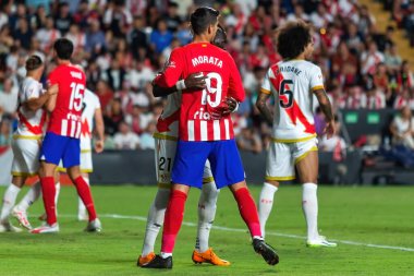 Madrid, İspanya - 28 Ağustos 2023: Madrid 'de oynanan Rayo Vallecano ve Atletico de Madrid ligi maçı. Ligin üçüncü günü. Futbol maçı. İspanyol futbolcular.