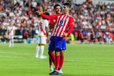 Madrid, İspanya - 28 Ağustos 2023: Madrid 'de oynanan Rayo Vallecano ve Atletico de Madrid ligi maçı. Ligin üçüncü günü. Futbol maçı. İspanyol futbolcular.