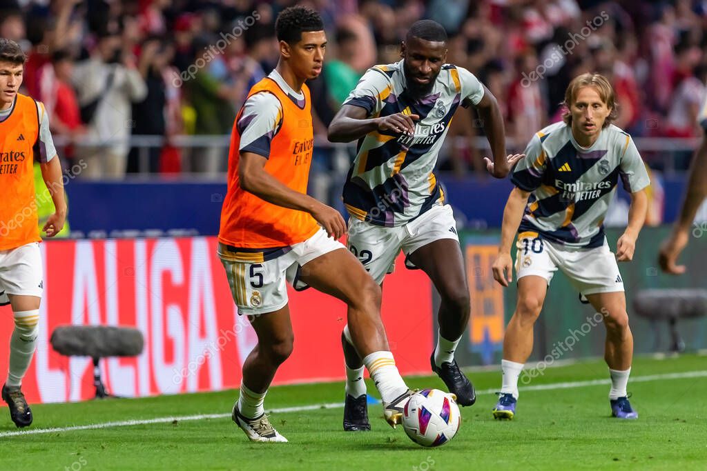 Madrid, Spain- September 24, 2023: League match between Atletico de Madrid and Real Madrid. Jude Bellingham with the ball. Football players. Victory for Atletico de Madrid.