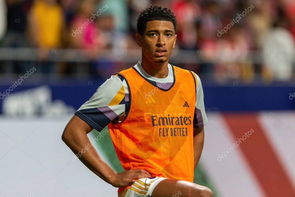 Madrid, Spain- September 24, 2023: League match between Atletico de Madrid and Real Madrid. Jude Bellingham with the ball. Football players. Victory for Atletico de Madrid.