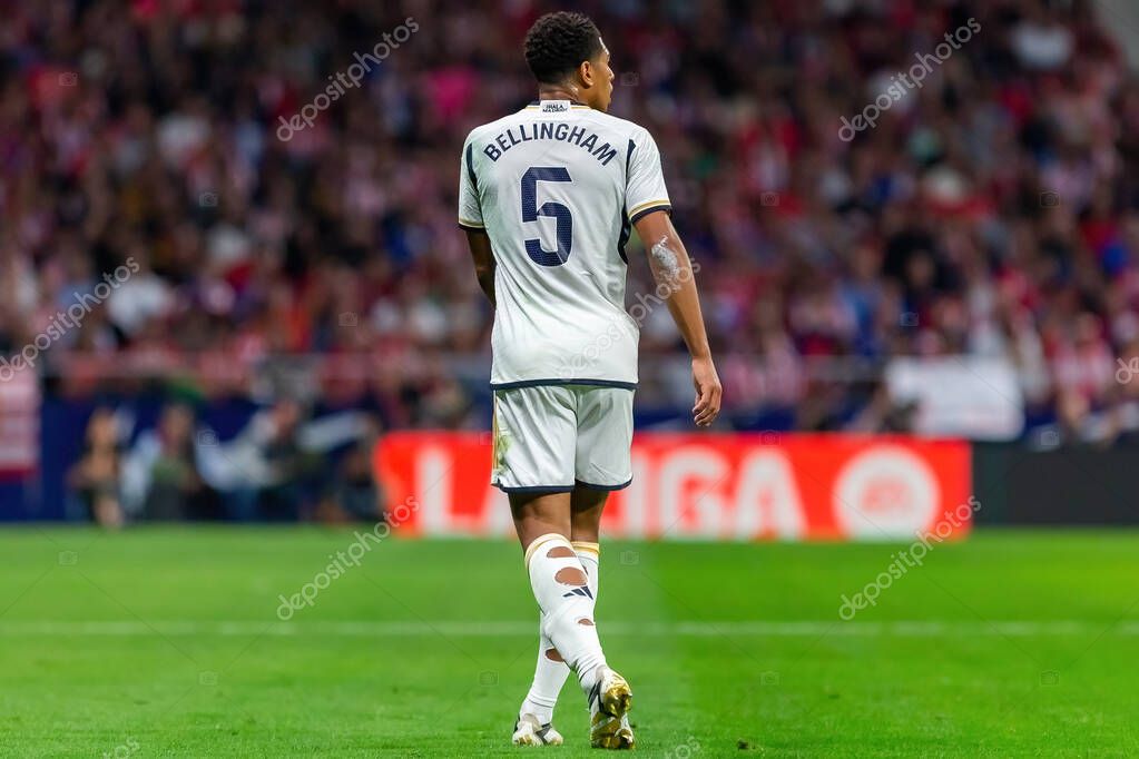 Madrid, Spain- September 24, 2023: League match between Atletico de Madrid and Real Madrid. Jude Bellingham with the ball. Football players. Victory for Atletico de Madrid.