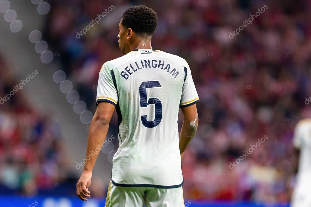 Madrid, Spain- September 24, 2023: League match between Atletico de Madrid and Real Madrid. Jude Bellingham with the ball. Football players. Victory for Atletico de Madrid.