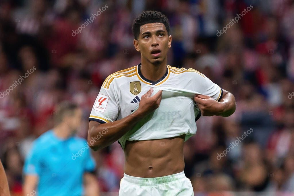 Madrid, Spain- September 24, 2023: League match between Atletico de Madrid and Real Madrid. Jude Bellingham with the ball. Football players. Victory for Atletico de Madrid.