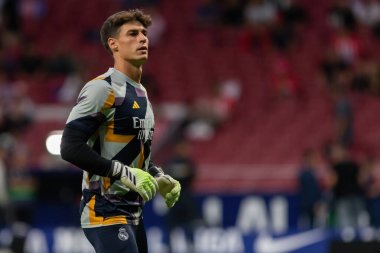 Madrid, İspanya - 24 Eylül 2023: Atletico de Madrid ile Real Madrid arasındaki lig maçı. Top Kepa Arrizabalaga 'da. Futbolcular.