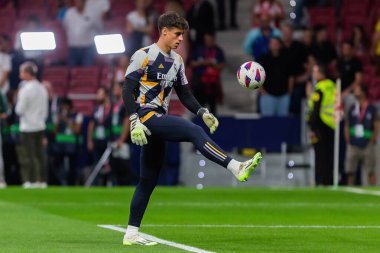 Madrid, İspanya - 24 Eylül 2023: Atletico de Madrid ile Real Madrid arasındaki lig maçı. Top Kepa Arrizabalaga 'da. Futbolcular.