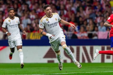 Madrid, İspanya - 24 Eylül 2023: Atletico de Madrid ile Real Madrid arasındaki lig maçı. Futbolcular. Atletico de Madrid için zafer.