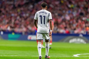 Madrid, İspanya - 24 Eylül 2023: Atletico de Madrid ile Real Madrid arasındaki lig maçı. Maç sırasında Real Madrid oyuncuları. Futbolcular