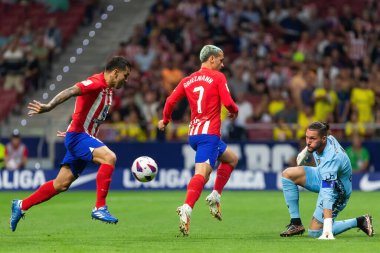 Madrid, İspanya - 1 Ekim 2023: Atletico de Madrid ile Cadiz arasındaki futbol ligi maçı Madrid 'de oynandı. Atletico de Madrid oyuncuları.