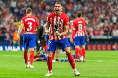 Madrid, İspanya - 1 Ekim 2023: Atletico de Madrid ile Cadiz arasındaki futbol ligi maçı Madrid 'de oynandı. Atletico de Madrid oyuncuları.