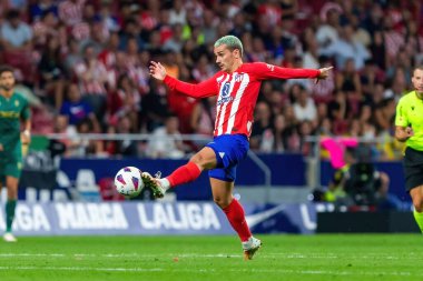 Madrid, İspanya - 1 Ekim 2023: Atletico de Madrid ile Cadiz arasındaki futbol ligi maçı Madrid 'de oynandı. Atletico de Madrid oyuncuları. Antoine Griezmann topu aldı..