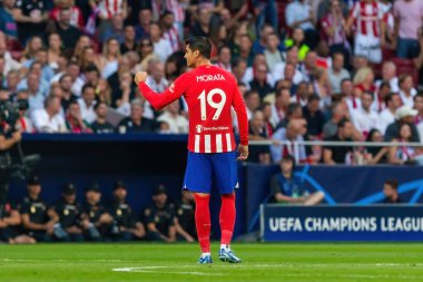 Madrid, İspanya - 4 Ekim 2023: Atletico de Madrid ile Feyenoord arasında oynanan Şampiyonlar Ligi maçı. Oyuncular gol kutluyor. Maç sırasında Alvaro Morata.