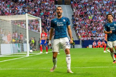 Madrid, İspanya - 4 Ekim 2023: Atletico de Madrid ile Feyenoord arasında oynanan Şampiyonlar Ligi maçı Madrid takımının zaferiyle sonuçlandı. Futbolcuların kutlaması