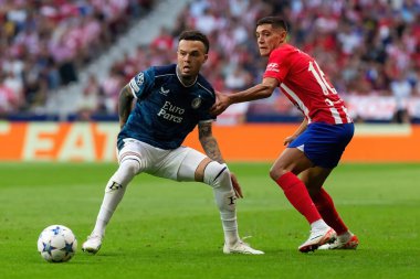 Madrid, İspanya - 4 Ekim 2023: Atletico de Madrid ile Feyenoord arasında oynanan Şampiyonlar Ligi maçı Madrid takımının zaferiyle sonuçlandı. Feyenoord oyuncuları.