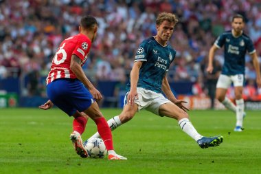 Madrid, İspanya - 4 Ekim 2023: Atletico de Madrid ile Feyenoord arasında oynanan Şampiyonlar Ligi maçı Madrid takımının zaferiyle sonuçlandı. Feyenoord oyuncuları.
