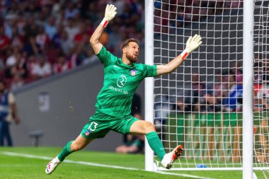 Madrid, İspanya - 4 Ekim 2023: Atletico de Madrid ile Feyenoord arasında oynanan Şampiyonlar Ligi maçı Madrid takımının zaferiyle sonuçlandı. Atletico de Madrid kalecisi.